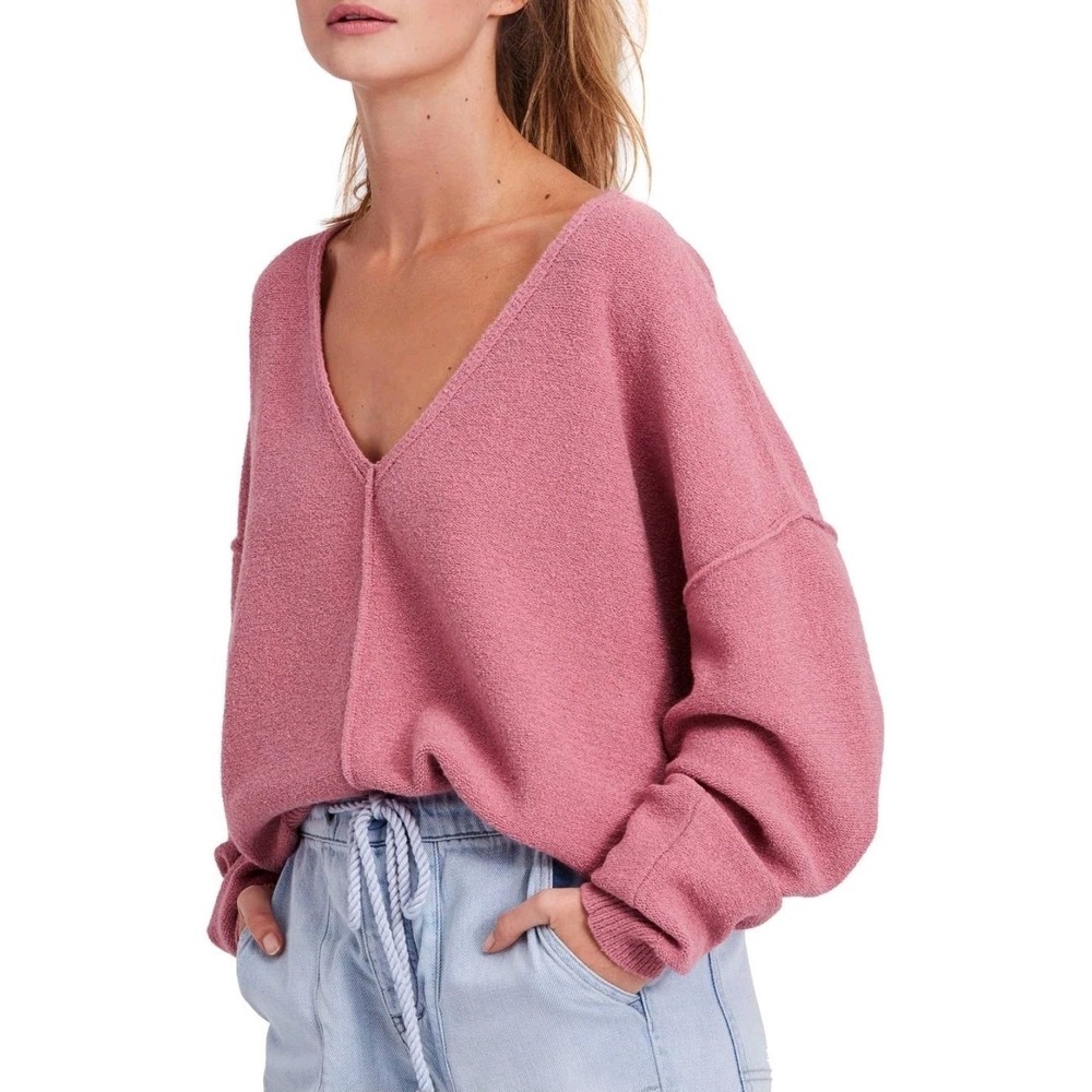 Free People Take Me Places Oversized Sweater Pink V-Neck Slouchy Knit Pullover